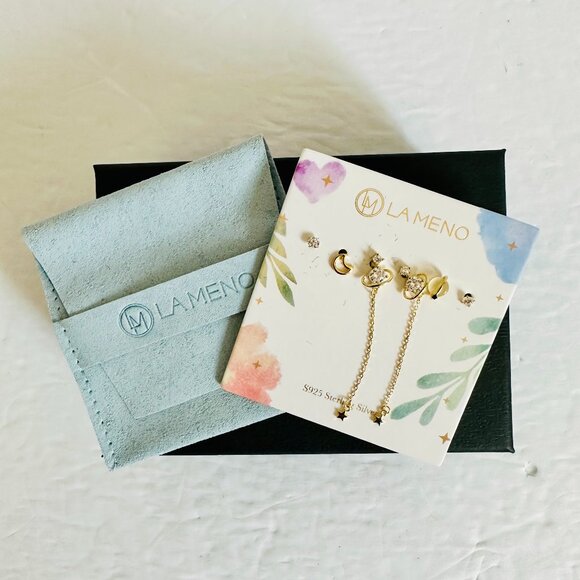 LA MENO 3 PAIRS S925 STERLING SILVER MOON STARS EARRINGS GIFT SET WITH POUCH - Picture 1 of 4